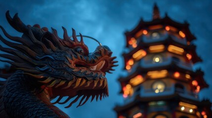 Obraz premium Ornate dragon sculpture and illuminated pagoda at dusk.