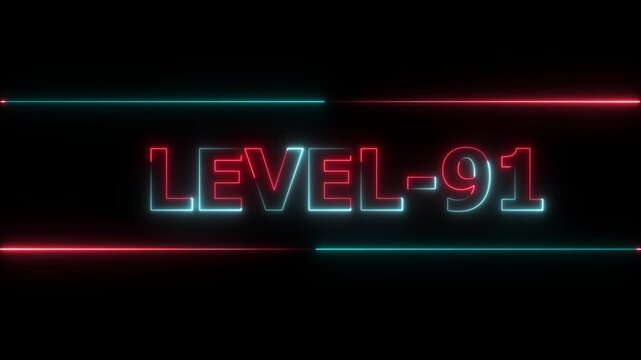 Glowing level-91 text with glitch effects animation. Two color letters spelling out level-91 appear on screen. Neon level up sign and upper Level . next Level text animation.