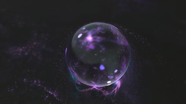 3D liquid crystal particle sphere forming morphing, glowing stylized purple violet reflections, futuristic modern abstract background seamless loop cinematic lighting dynamic particle digital elegant