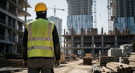 Construction worker in safety gear looking out over a massive urban development site.