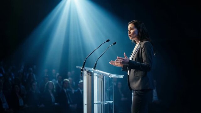 Female speaker delivering a presentation at a conference podium. Professional woman giving a speech on stage under a dramatic blue spotlight. Business leadership and public speaking event