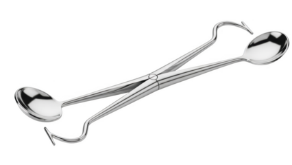 Two silver dental instruments with spoon ends crossed on background isolated on a transparent background