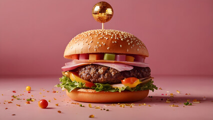 A surreal burger with a glittering pink disco ball bun and colorful ingredients sits against a pink background. Playful and conceptual food art image with retro pop flair.