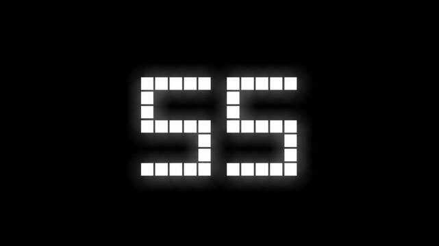 Digital countdown animation from 60 to 0.Digits constructed from small white square pixels, arranged in tight grid Each second