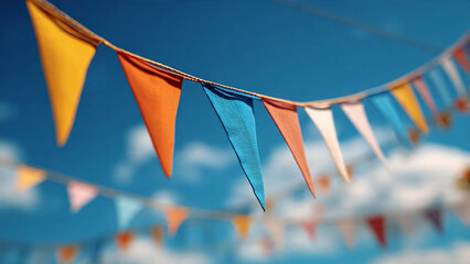 Colorful festive bunting flags against a bright blue sky