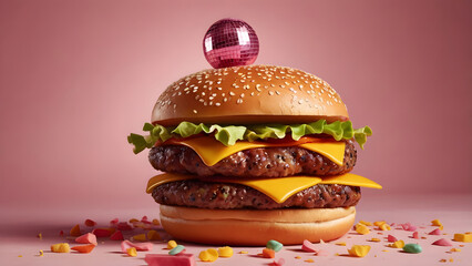 A surreal burger with a glittering pink disco ball bun and colorful ingredients sits against a pink background. Playful and conceptual food art image with retro pop flair.