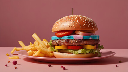 A surreal burger with a glittering pink disco ball bun and colorful ingredients sits against a pink background. Playful and conceptual food art image with retro pop flair.