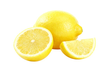 Fresh Yellow Lemons with Slices on White Background
