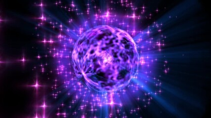 Purple glowing energy sphere with pink sparkling stars and blue light rays on dark black background - Powered by Adobe