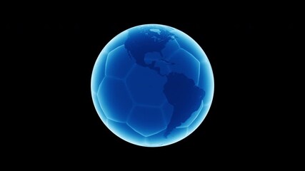 3D animation of a blue digital soccer ball with earth texture, futuristic world sports tournament broadcast background - Powered by Adobe