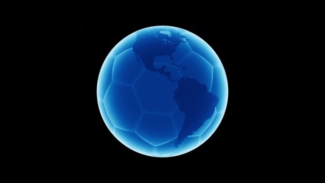 3D animation of a blue digital soccer ball with earth texture, futuristic world sports tournament broadcast background