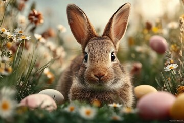 Fototapeta premium Adorable Bunny Amidst Spring Flowers and Easter Eggs in a Sunlit Meadow