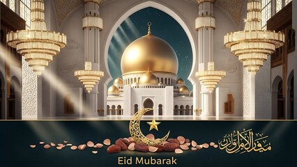 Eid Mubarak Mosque Interior with Golden Dome.