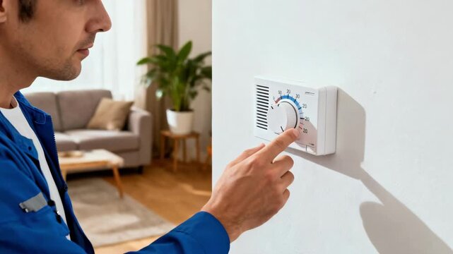 Technician manually calibrates HVAC thermostat adjusting dial and settings to ensure precise temperature control and energy efficiency in residential environment.
