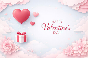 A festive Valentine&rsquo;s Day background in layered paper cut style, featuring floating heart-shaped balloons, a wrapped gift box, and romantic decorative elements. Perfect for greeting cards