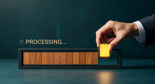 Hand places a yellow block in a dark frame with wooden blocks, showing a progress bar. Represents completion, development, or system processing - Powered by Adobe