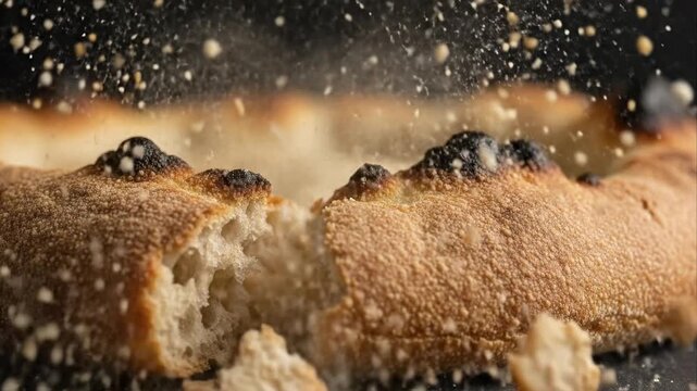 Close up of freshly baked bread with falling crumbs against a dark background