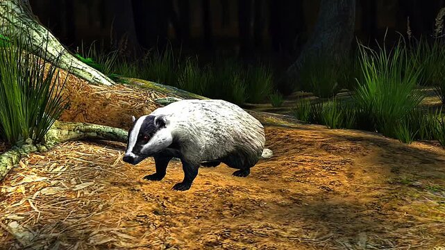 3D view of European badger showing anatomy, fur, claws, and body structure for study.