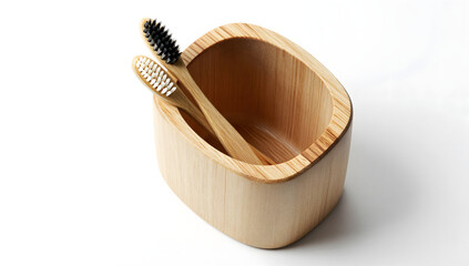 Eco-Friendly Dental Care: Two eco-conscious bamboo toothbrushes rest serenely in a uniquely crafted holder, epitomizing sustainable self-care for a fresh start.