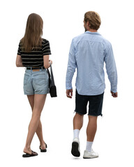 Man and woman walking in the street seen from back angle, isolated on white and transparent...