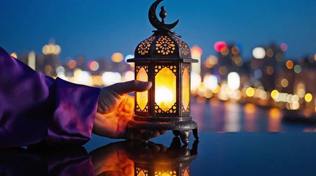 Hand holding a glowing traditional lantern with a crescent moon, reflecting warmth and light against a beautiful, blurred night city skyline, symbo...