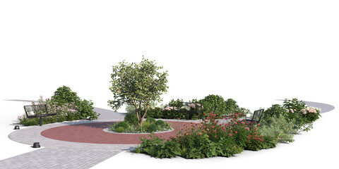 Rendered area of a park with footpaths and flowerbeds, isolated on transparent background © Martin