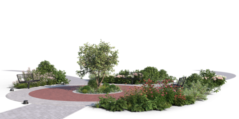 Rendered area of a park with footpaths and flowerbeds, isolated on transparent background