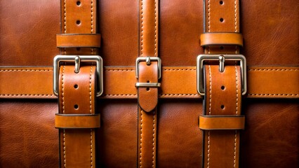 Detail of brown leather bag with straps and buckles taken in a well-lit room during daytime