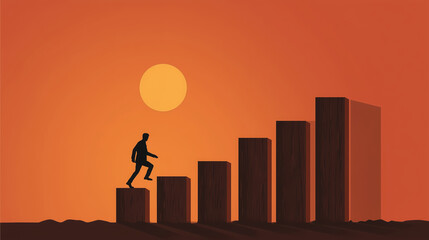 Silhouette of a person climbing upward on wooden blocks against a vibrant sunset background, symbolizing growth, ambition, and the journey to success in life and career