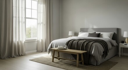 Bright, tranquil, and minimalist bedroom with neutral tones, featuring a comfortable bed, sheer curtains, and a wooden bench, reflecting a serene Scandinavian aesthetic.