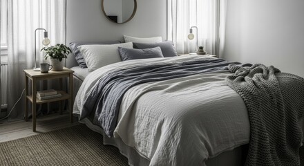 Bright and Serene Scandinavian-Inspired Bedroom with White and Blue Linen Bedding, Wooden Nightstands, Potted Plants, and Soft Natural Light