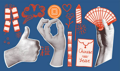 Chinese New Year creative collage. Halftone retro hands and traditional  festive symbols on a blue Background. Lunar New Year banner