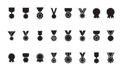 Collection of various black medal and award icons on white background