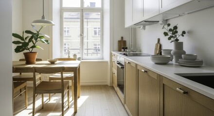 Bright and Modern Scandinavian Kitchen and Dining Area with Natural Light, Light Wood Furniture, White Cabinets, and Green Plants, Showcasing Clean and Inviting Home Interior Design.