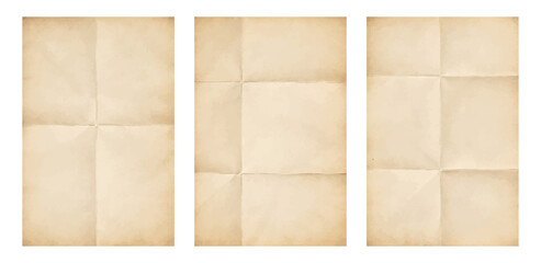 Folded aged paper texture set, vintage beige creased sheet, old parchment background isolated on transparent © Helga