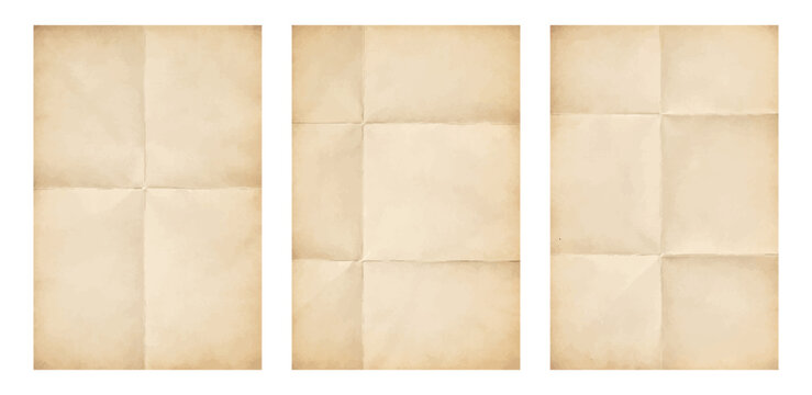 Folded aged paper texture set, vintage beige creased sheet, old parchment background isolated on transparent