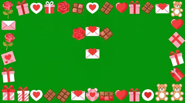 Valentine theme animated border green screen overlay footage love hearts roses symbols graphic loop marketing template