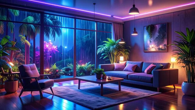 Modern living room with view of tropical rainforest on a rainy night, illuminated with neon lights, couch, chair, and plants