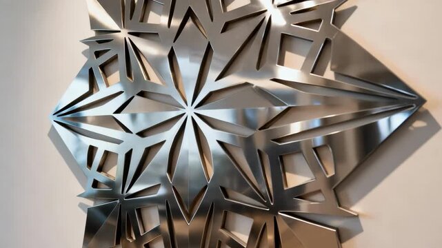 Metallic lasercut wall art showcasing intricate geometric patterns with sharp edges and symmetrical shapes reflecting modern and minimalist interior design trends.