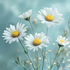 Naklejka premium Daisy Field in Bloom: The delicate beauty of a daisy field is showcased, with pristine white petals and vibrant yellow centers. Their petals stand out. a symphony of life.