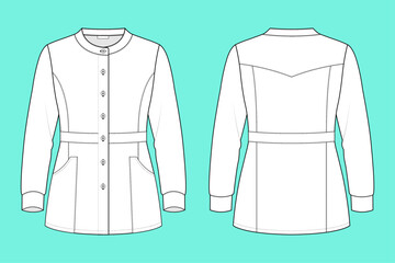 
Women's Tailored Button-Down Utility Scrub Tunic Jacket Technical Fashion Flat Sketch