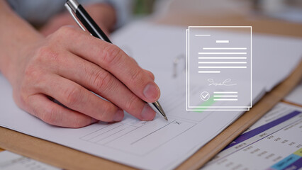Businessman Reviewing and signing  documents with a pen in office and document icon, Lawyer, broker or HR manager signing a contract agreement with client or employee