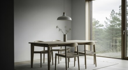 Minimalist Scandinavian Dining Room with Wooden Furniture, Pendant Lamp, and Natural Forest View through Large Window