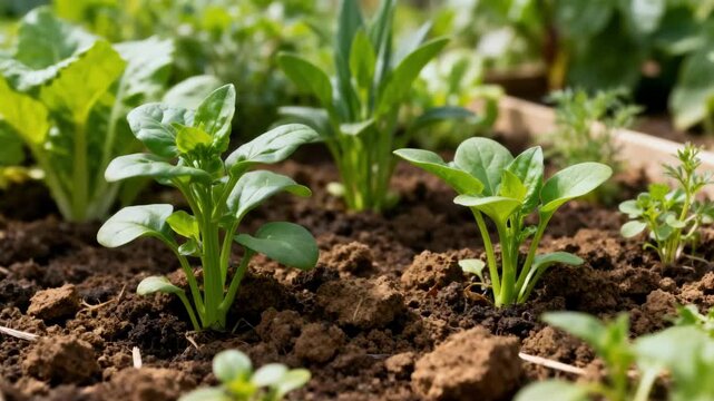 Medium shot of diverse plants thriving in soil treated with sustainable fertilizer alternatives illustrating greener growth and reduced chemical dependency.