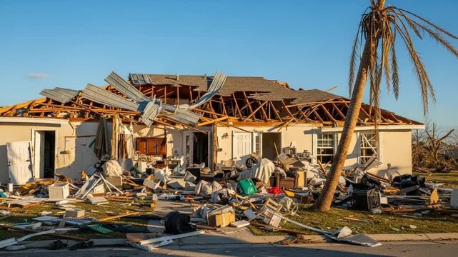 Destroyed House After Hurricane or Tornado, Debris Scattered Yard, Damaged Roof, and Uprooted Palm Tree, Dramatic Realistic Photography