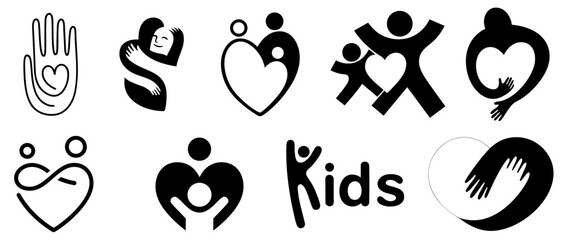 Charity and kids logo set for nonprofit organizations, typography brand identity design for children, families and community support