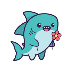 Obraz premium Cute Cartoon Shark with Flower Illustration