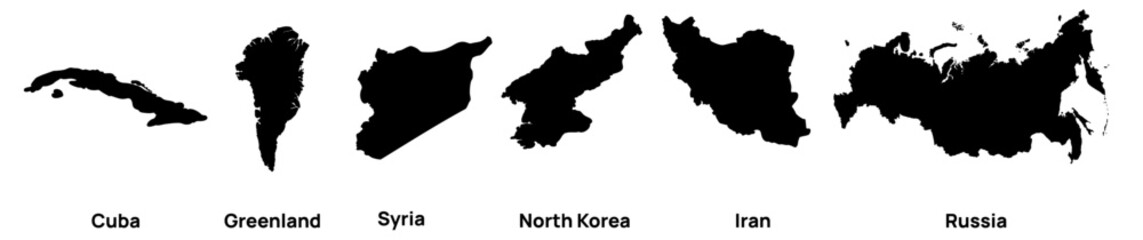 Country Map Silhouettes Set of Cuba, Greenland, Syria, North Korea, Iran and Russia, Geographic Political Territory Shapes © OS