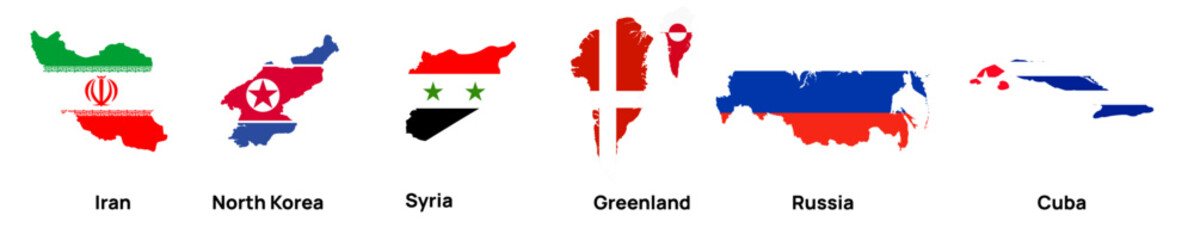 Country Map Silhouettes with National Flags Set, Iran North Korea Syria Greenland Russia Cuba Geographic Shapes, World Political Map Countries © OS