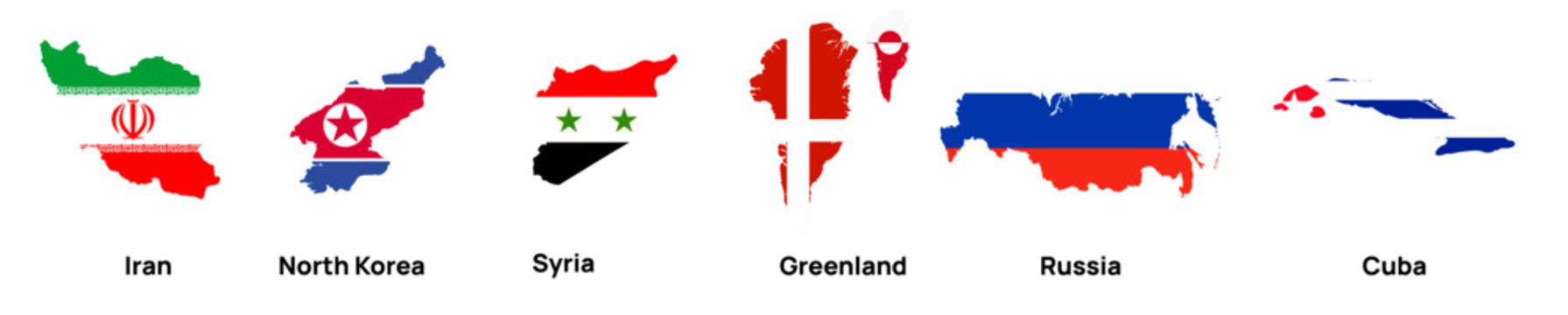 Country Map Silhouettes with National Flags Set, Iran North Korea Syria Greenland Russia Cuba Geographic Shapes, World Political Map Countries